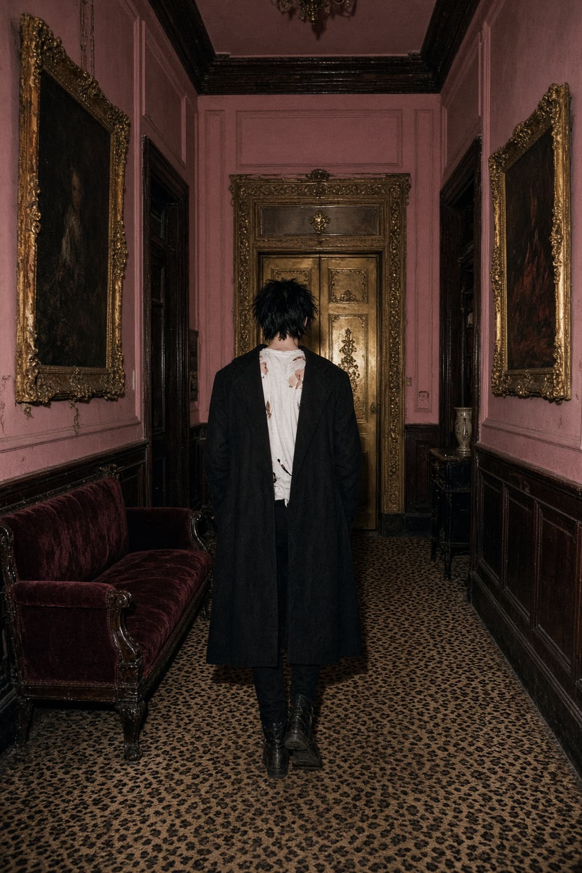 A figure in a destroyed tee under an expensive coat, walking away down the pink corridor.